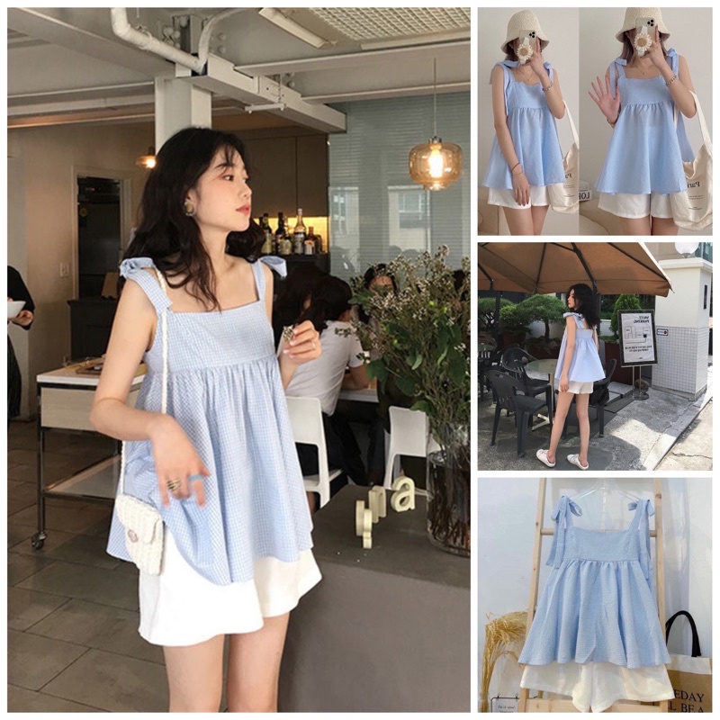 Set Áo Babydoll 2 Dây Kẻ Caro Xanh Kèm Quần Short Trắng Siêu Hot Hit Dễ Thương