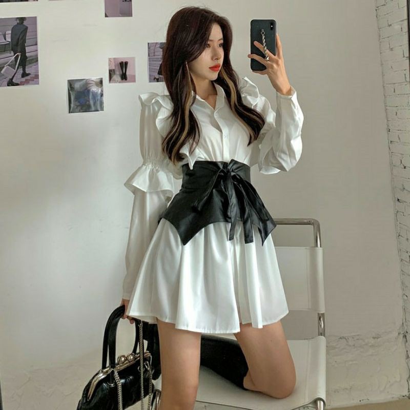 Váy sơ mi tiểu thư mix đai da
