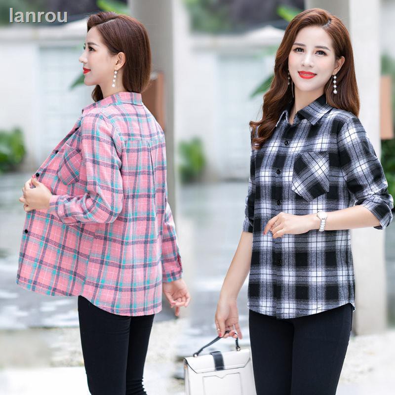 Đầm Sơ Mi Cotton Tay Dài Họa Tiết Sọc Caro Thời Trang Xuân Thu Cho Nữ Trung Niên