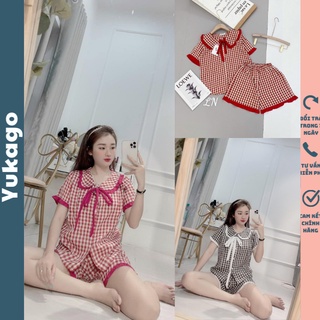  Đồ bộ nữ pijama cộc tay quần đùi mặc nhà chất thô đũi kẻ karo cổ sen Yukago AA4026 