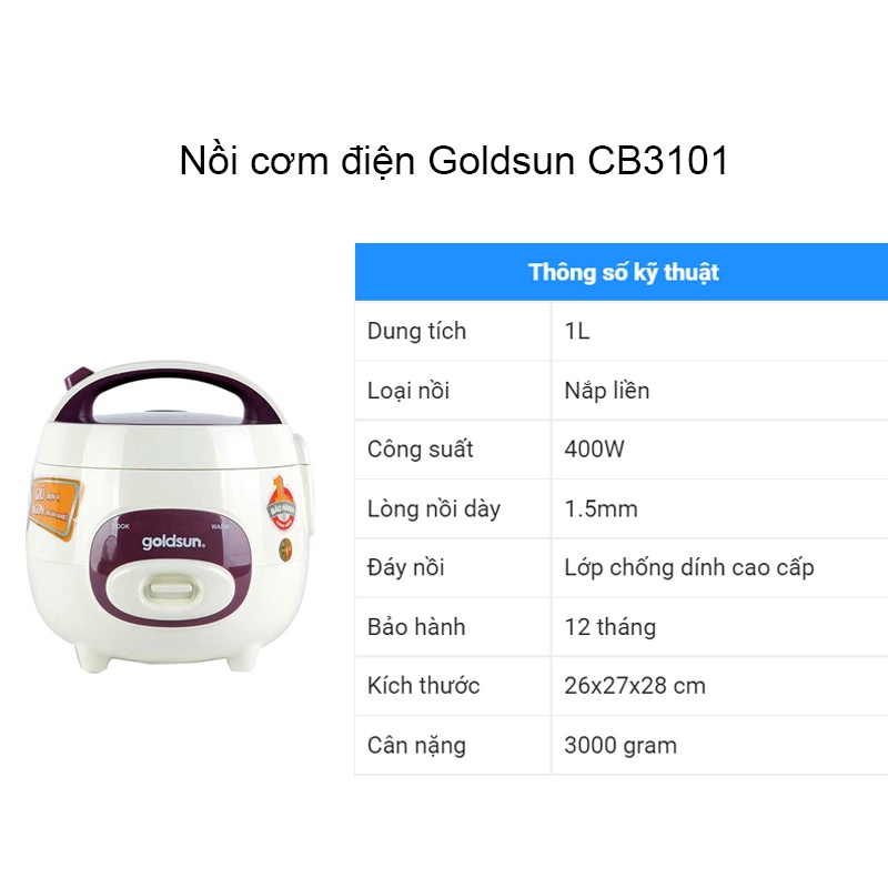 Nồi cơm điện mini dung tích 1L, Nồi cơm điện nhỏ Goldsun CB3101 - Bảo hành chính hãng 12 tháng