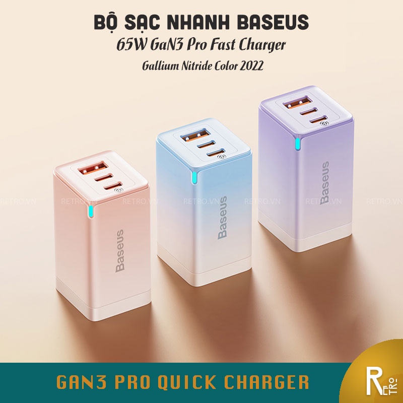 Bộ Sạc Nhanh 65W BASEUS GaN3 Pro Sạc Cho Laptop, Macbook, iPad, iPhone, Samsung , Tặng Cáp Type C 100W