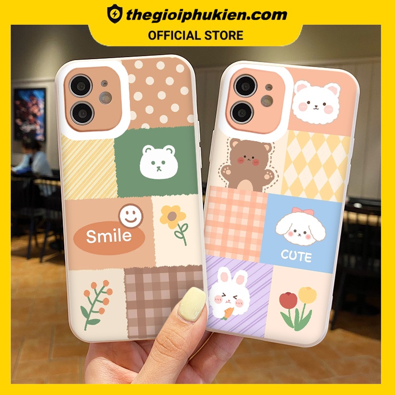 Ốp iphone - Ốp lưng iphone cạnh vuông viền camera Caro gấu dành cho ip 6 đến 14promax - ng008