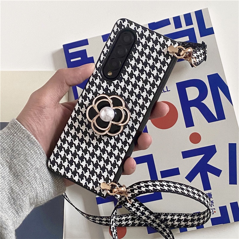 Bao Da Điện Thoại pu Họa Tiết Hoa Trà Đính Ngọc Trai Thời Trang Cho samsung galaxy z fold 5 4 3 5g Ốp