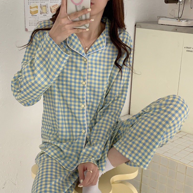Bộ ngủ Pijama dài tay thu đông cao cấp đồ bộ mặc nhà mùa thu đông phong cách Hàn Quốc họa tiết kẻ caro JALJA Set02 | BigBuy360 - bigbuy360.vn