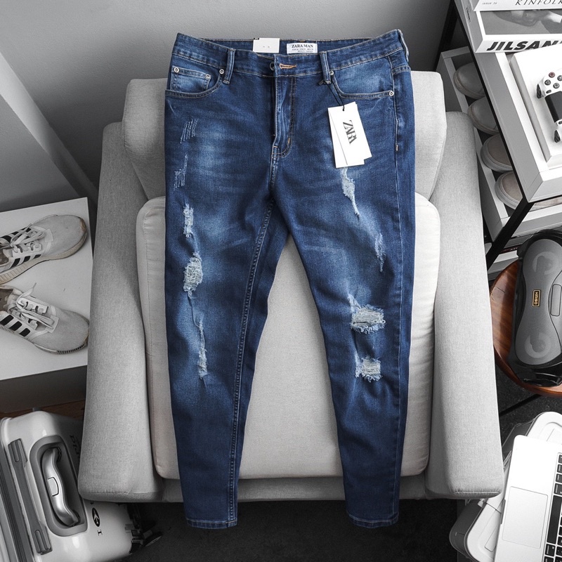 Quần jean nam bigsize rách bụi màu xanh dương co giãn slimfit xuất xịn có size 130kg