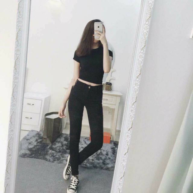 Quần Jean skinny trắng và đen cạp cao qua rốn - jean162