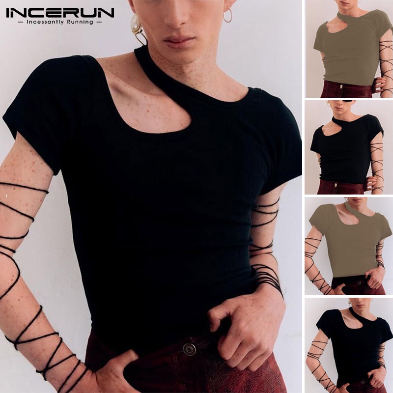 Áo kiểu INCERUN dành cho nam thiết kế tay ngắn cắt lỗ trơn màu thời trang