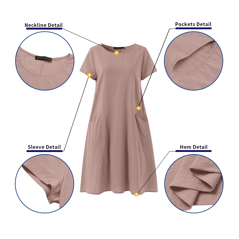 Đầm midi ZANZEA bằng cotton ngắn tay cổ tròn màu trơn thời trang cho nữ