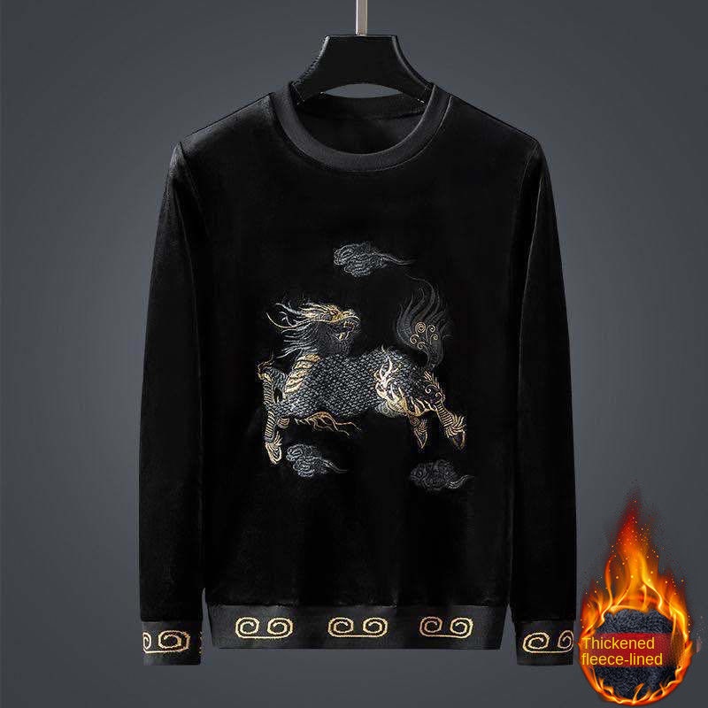 Bộ quần áo nhung dày dáng rộng thêu họa tiết con lân phong cách Trung Hoa ấm áp cho nam mùa thu đông