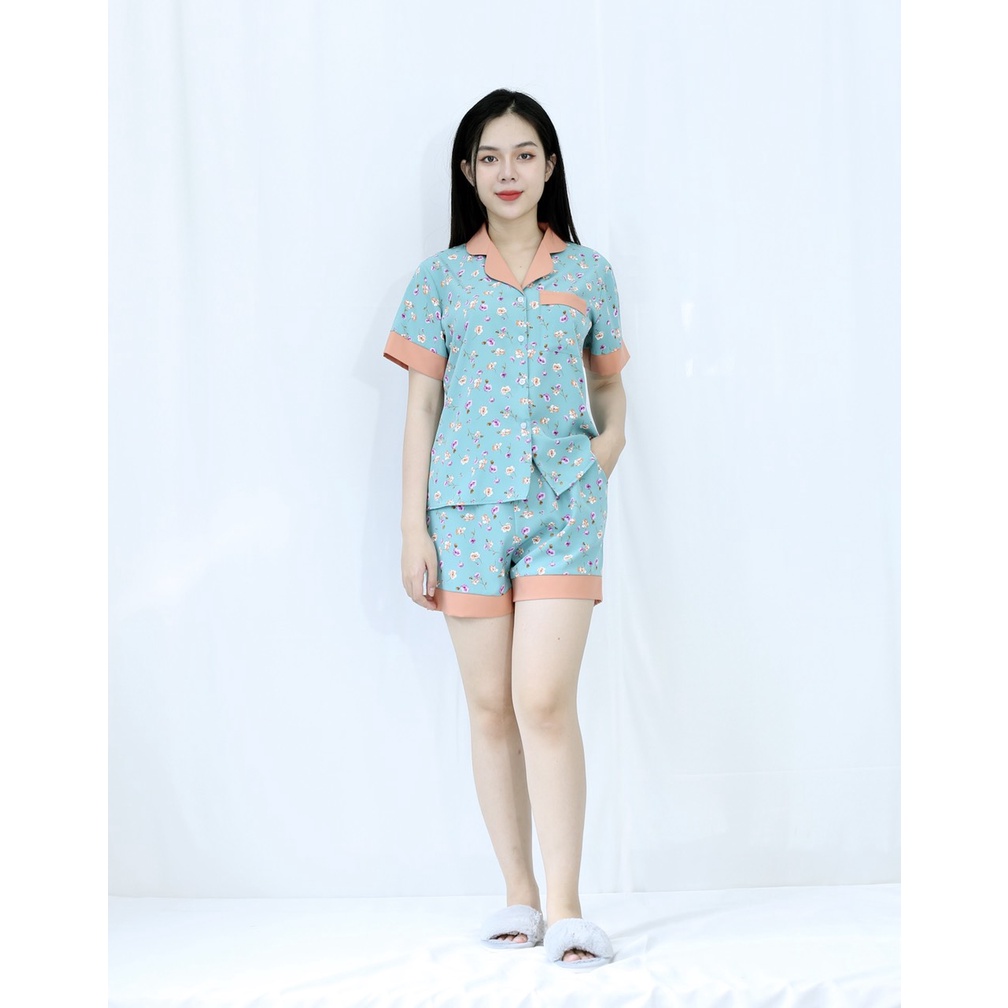Bộ đồ bộ ngắn MÀU XANH HOA  NHÍ PHA CỔ  - vải siêu lụa  - Cực Kì Sang Chảnh