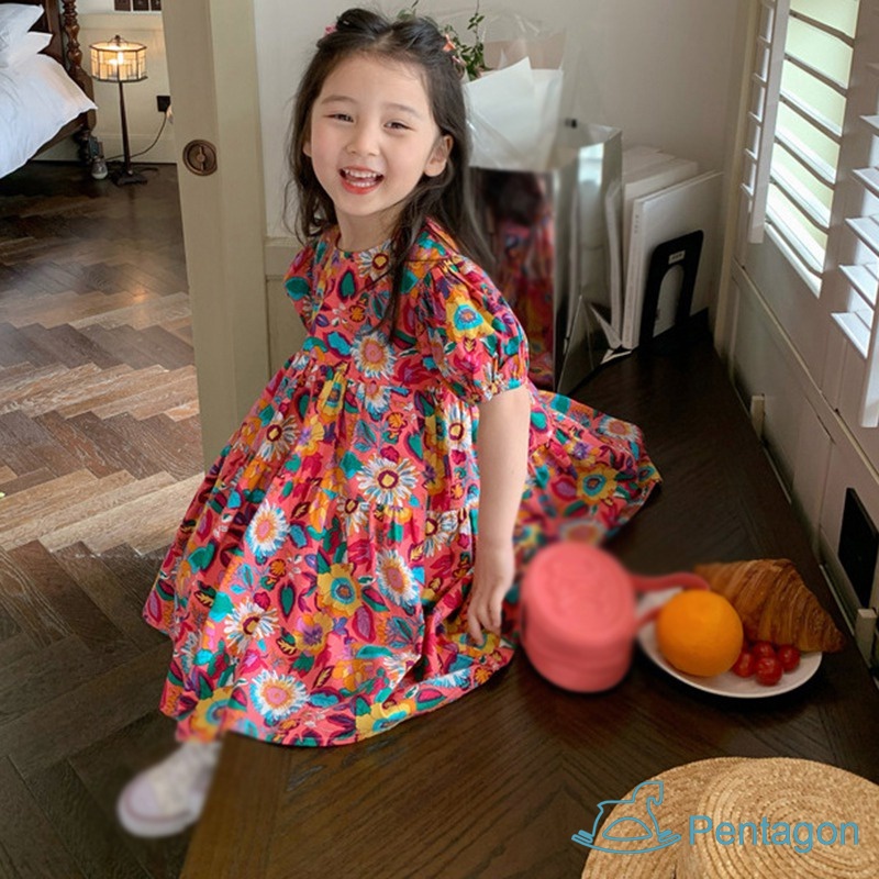 Đầm Công Chúa Dáng Rộng Tay Phồng Cổ Tròn Thoáng Khí Thân Thiện Với Da Thời Trang Cho Bé Gái