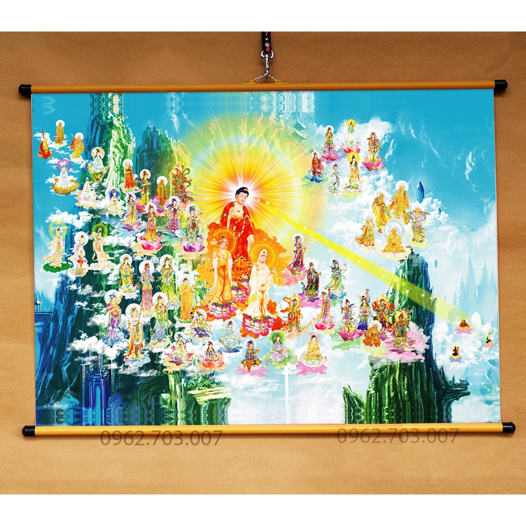 Tranh Tây Phương Cực Lạc 70x50cm treo tường khổ lớn bằng vải phủ bóng cao cấp dày dặn