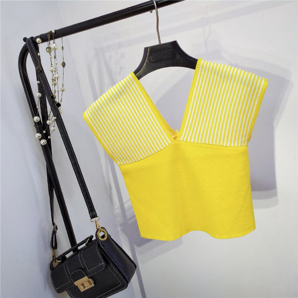 Áo dệt kim nữ không tay cổ chữ V hở lưng kẻ sọc gợi cảm | BigBuy360 - bigbuy360.vn