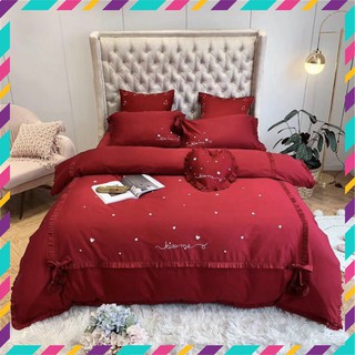 Bộ Chăn Ga Gối Lụa Thêu Kissme Đỏ Full Set 7 Món Hàng Cao Cấp