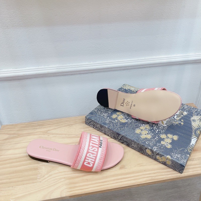 Dép lê Dior vải thêu chắc màu hường xuất sắc fullbox hịn