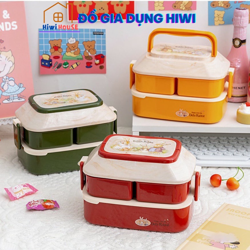 Hộp Cơm Văn Phòng Bento Kiểu Nhật 2 Tầng Và Quai Xách, Có Kèm Thìa Rĩa