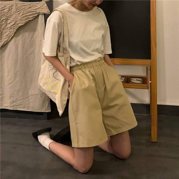 Quần Short Kaki 2 Màu Đen Be PEONYB Nữ [FREESHIP]  Sooc đùi ống rộng cạp thun retro hàn quốc cá tính Ulzzang