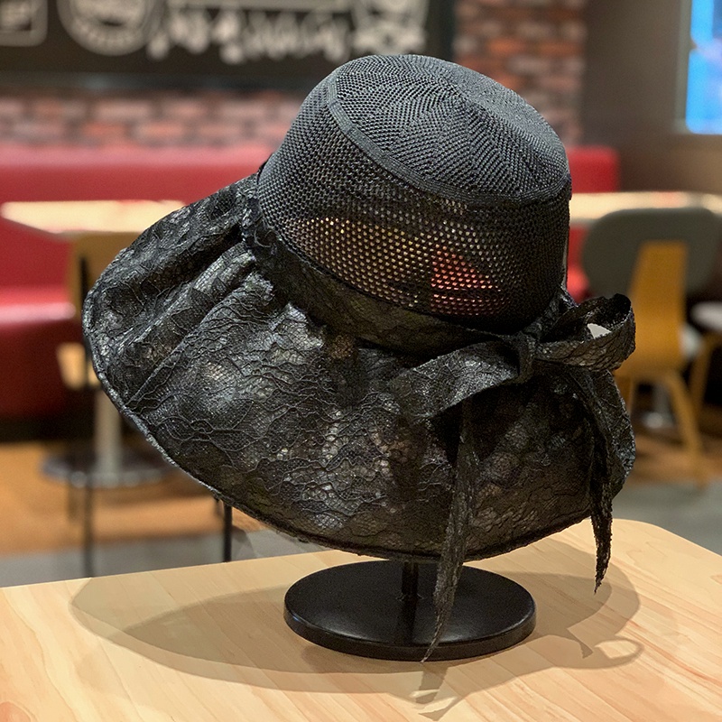 Nón tai bèo rỗng vành rộng che mặt chống nắng viền ren hình nơ thời trang mùa hè Hàn Quốc cho nữ khi đạp xe / đi biển