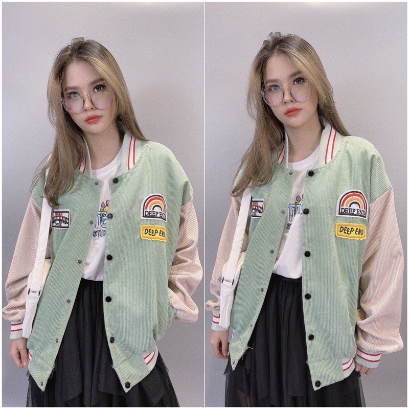 Áo Khoác Kaki Nhung Gân Hàng Quảng Châu Logo Thêu Nổi Bomber Jackets Kaki Form Rộng Unisex CẦU VÒNG - BB size 40-65kg