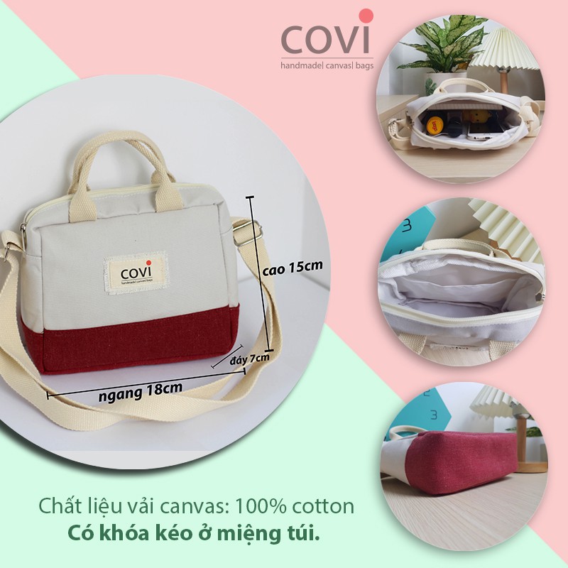 Túi vải đeo chéo , canvas nữ, vải hàn quốc phối 2 màu thời trang COVI nhiều màu sắc T24