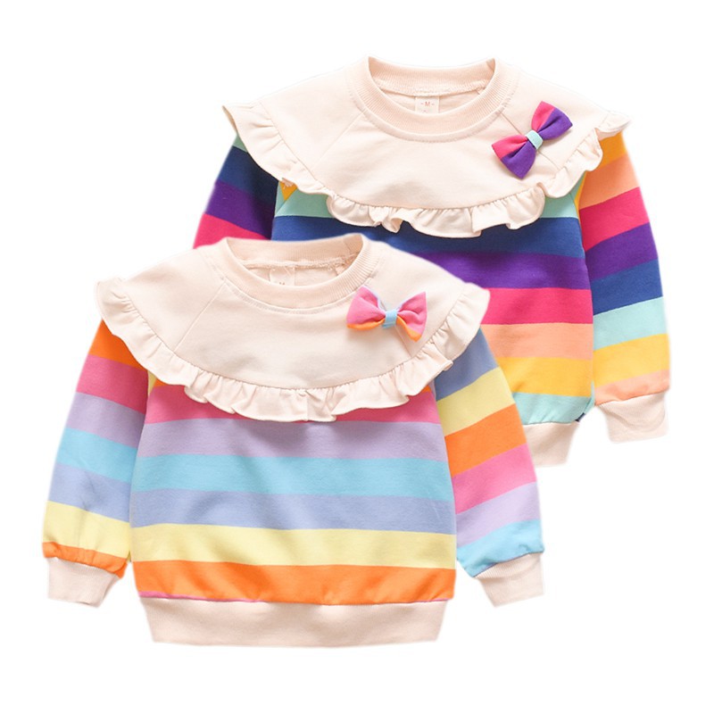 ♕ babyme ღ Baby Girl Striped Sweatshirts Bowknot Casual T-shirts Long Sleeve Outerwear