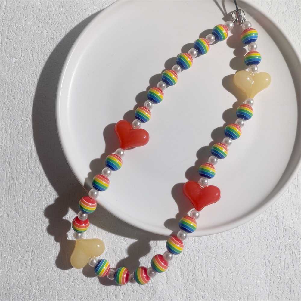 Dây Đeo Điện Thoại Bằng Acrylic Mềm Chống Thất Lạc Đính Hạt Ngọc Trai Màu Cầu Vồng Dễ Thương