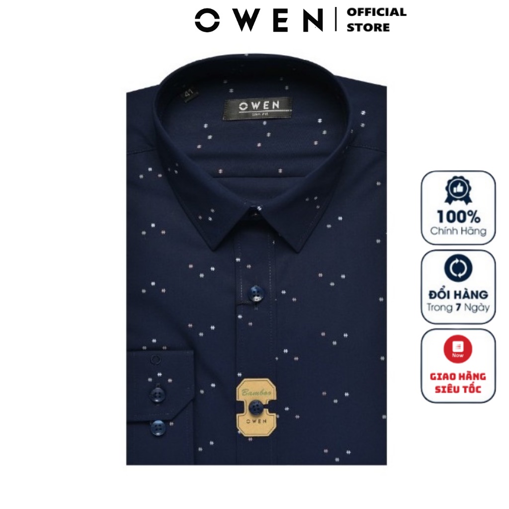 Áo Sơ Mi Nam Dài Tay Owen AS23374D Somi Công Sở Cao Cấp Màu Xanh Navy Chấm Bi Dáng Ôm Không Túi Chất Sợi Tre