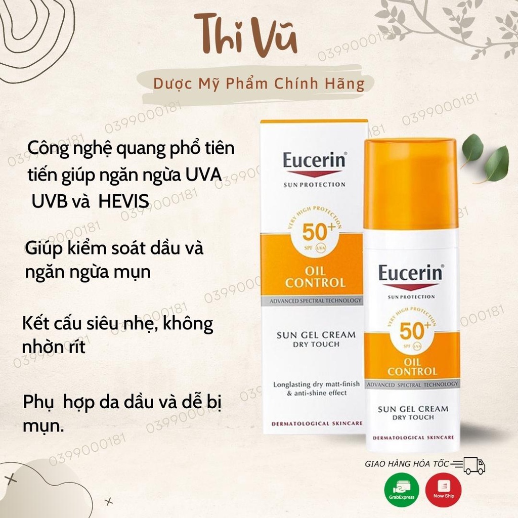 Kem chống nắng Eucerin Sun Gel Creme Oil Control Dry Touch SPF 50+ da dầu nhạy cảm bóng nhờn - Thi Vũ