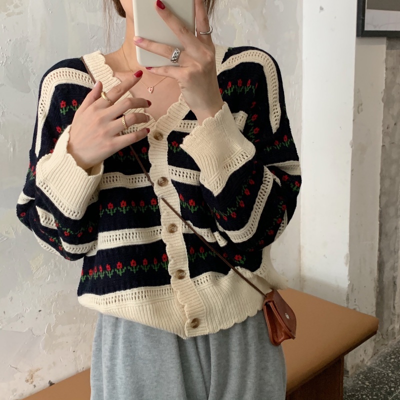 【ZHELIHANGFEI】Áo Cardigan Dệt Kim Tay Dài Cổ Chữ V Lưng Cao In Hoa Xinh Xắn
