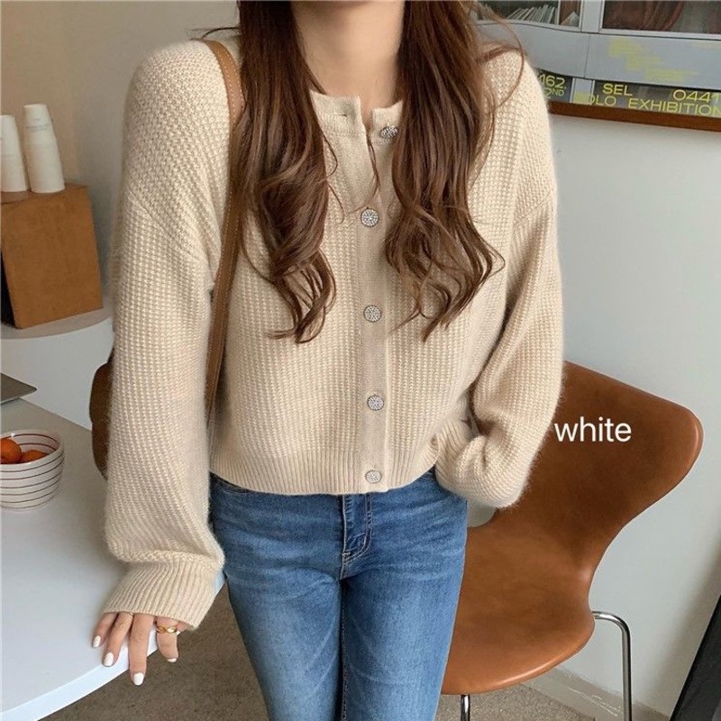Áo Khoác Cardigan Dệt Kim Tay Dài Cổ Tròn Màu Sắc Đơn Giản Phong Cách Hàn Quốc Thời Trang Thu Đông Cho Nữ