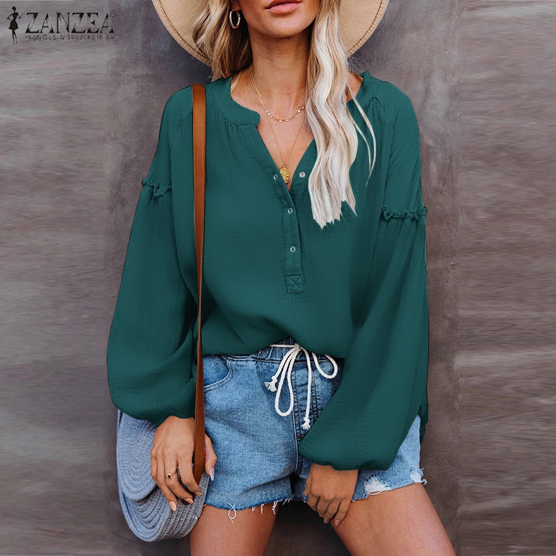 Zanzea Áo Nữ Tay Dài Phồng Cổ Chữ V Thời Trang Châu Âu