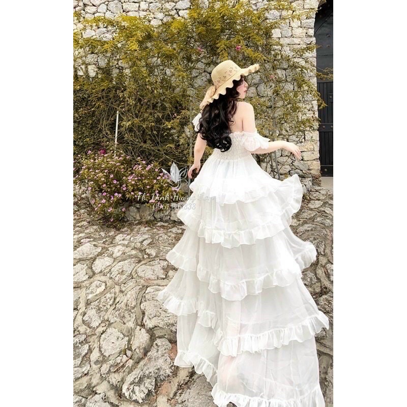 Đầm maxi đi biển bẹt vai nhún eo 3 màu