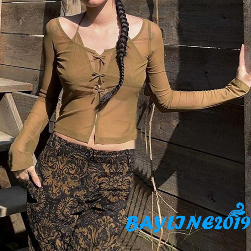 Áo Croptop Tay Dài Màu Trơn Phối Nơ Thời Trang Cho Nữ