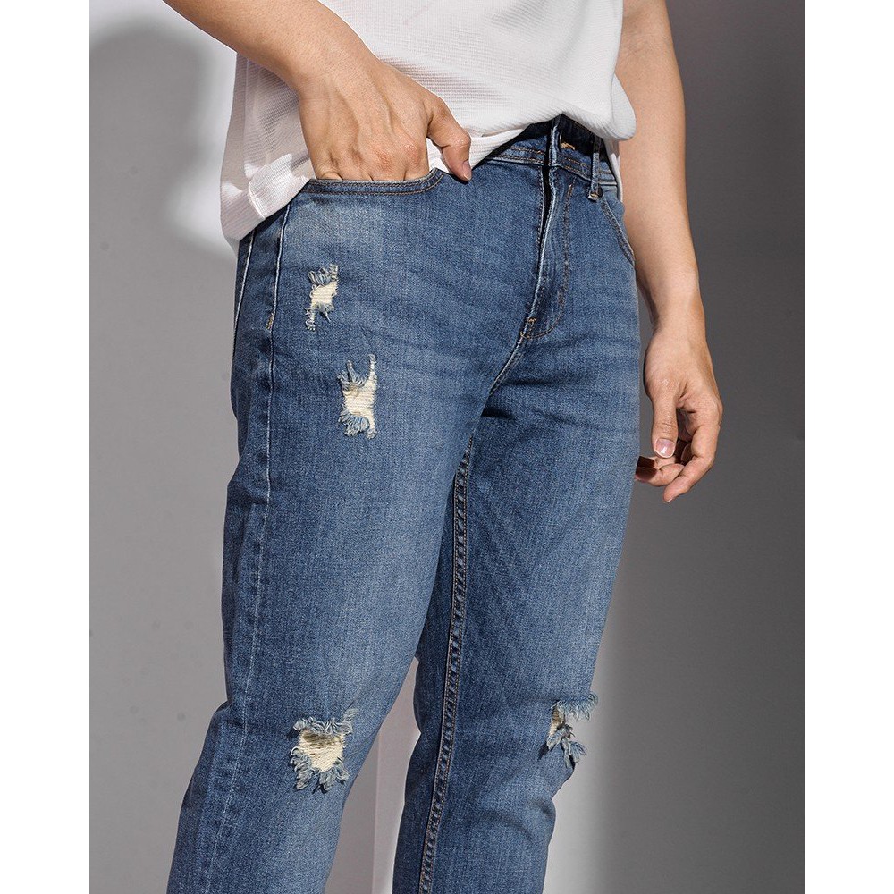 Quần jeans ROUTINE - Quần jean nam màu xanh đậm rách vải mềm đẹp slim fit - DPA048 Shop LASTORE