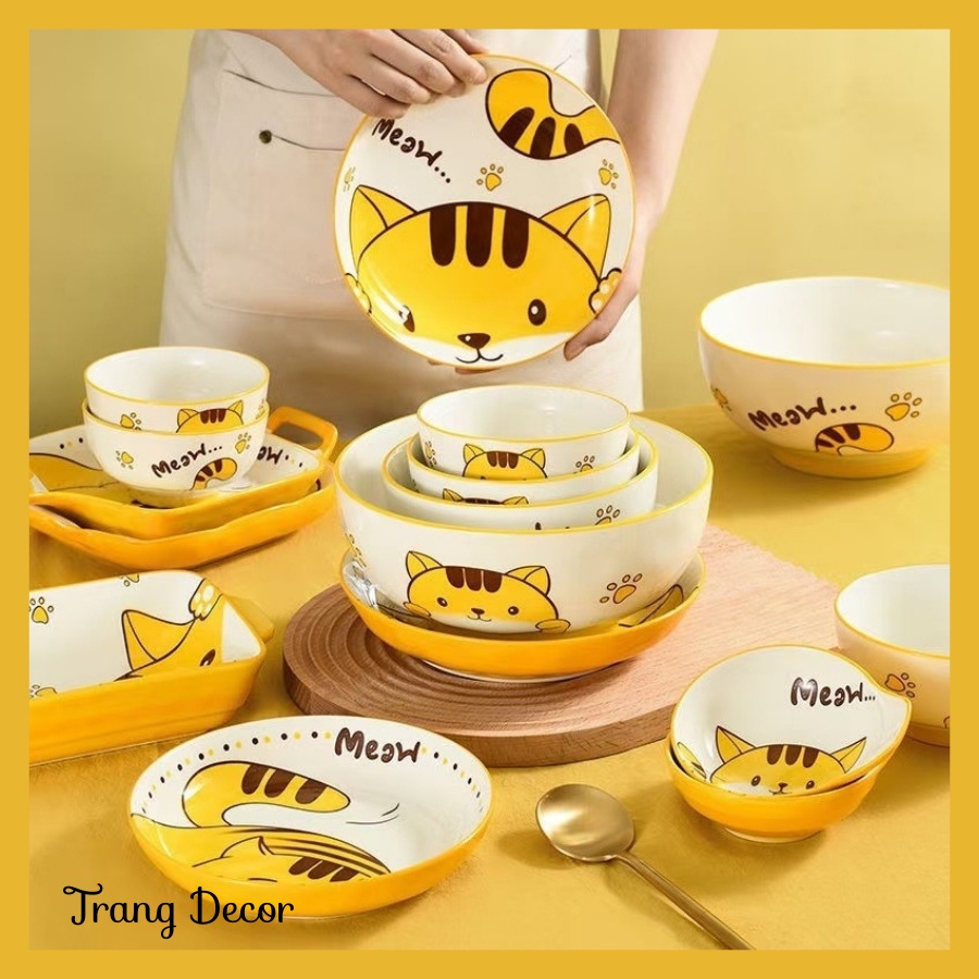 Bộ bát đĩa mèo mập vàng xinh cute xinh xỉu