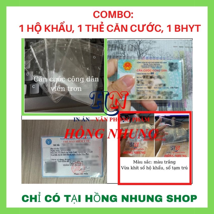 Combo 1 Túi Nhựa Bọc Hộ Khẩu + 1 Căn Cước + 1 Túi Nhựa Bọc Thẻ BHYT, Nhựa Dẻo, Dày, Trong Suốt, Có Nắp.