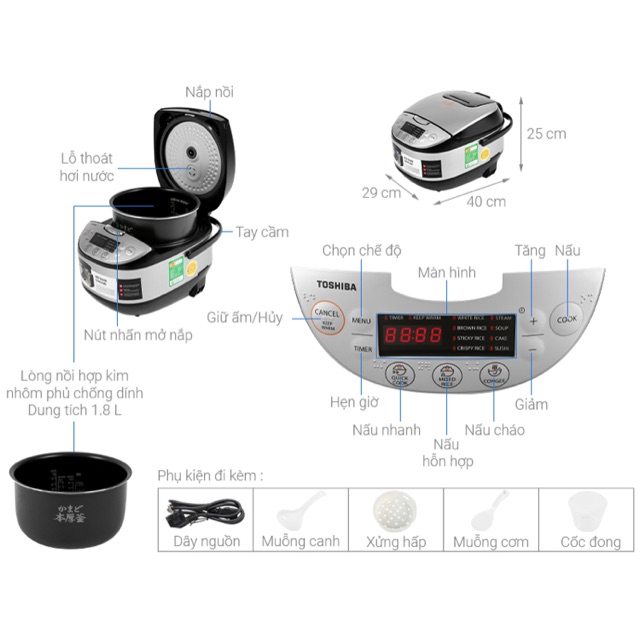 Nồi cơm điện tử Toshiba 1.8 lít RC-18DR2PV(K)