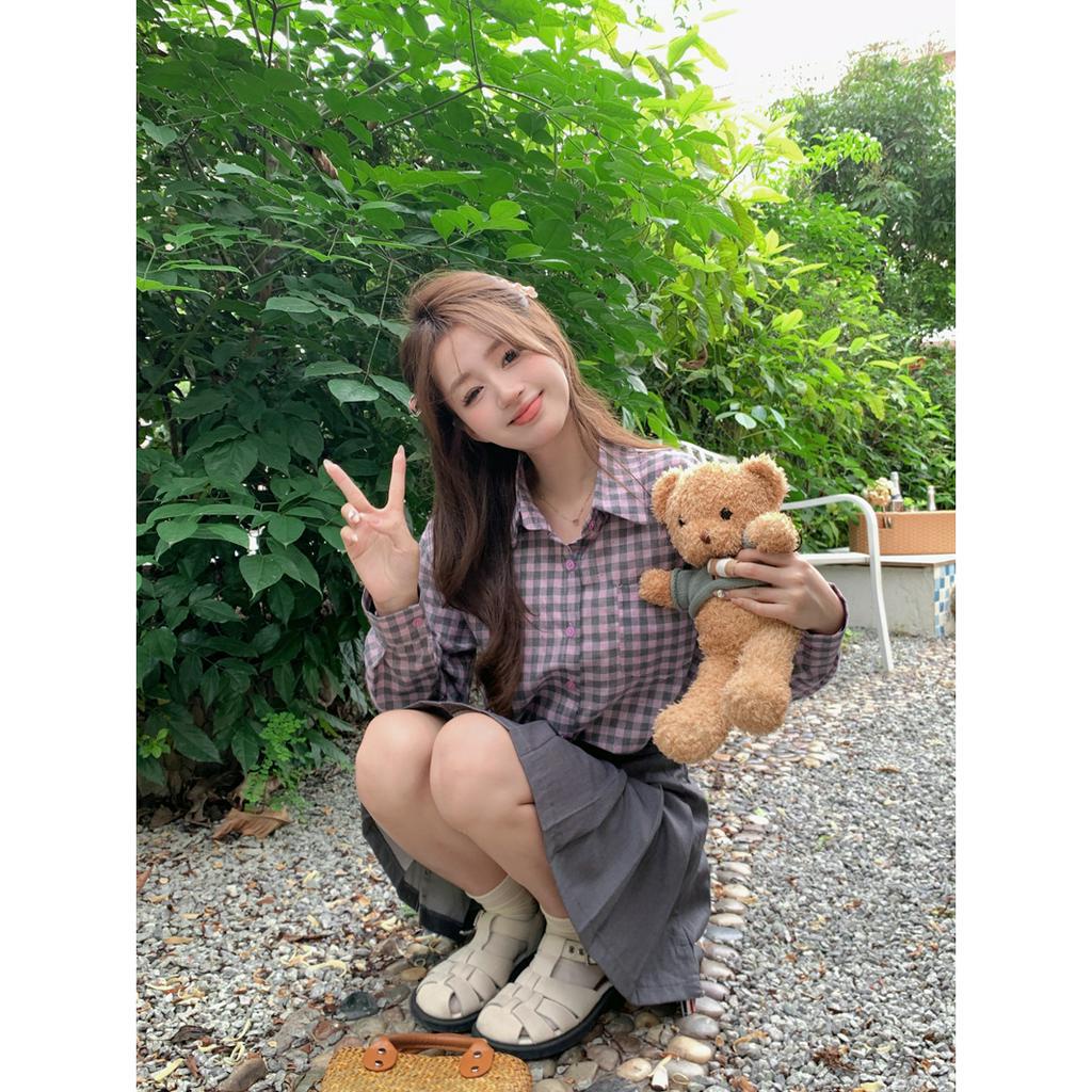 「 WELOVE1 」Áo Sơ Mi Nữ Tay Dài Dáng Rộng Họa Tiết Caro Màu Tím Phong Cách Hàn Quốc Thời Trang Mùa Hè