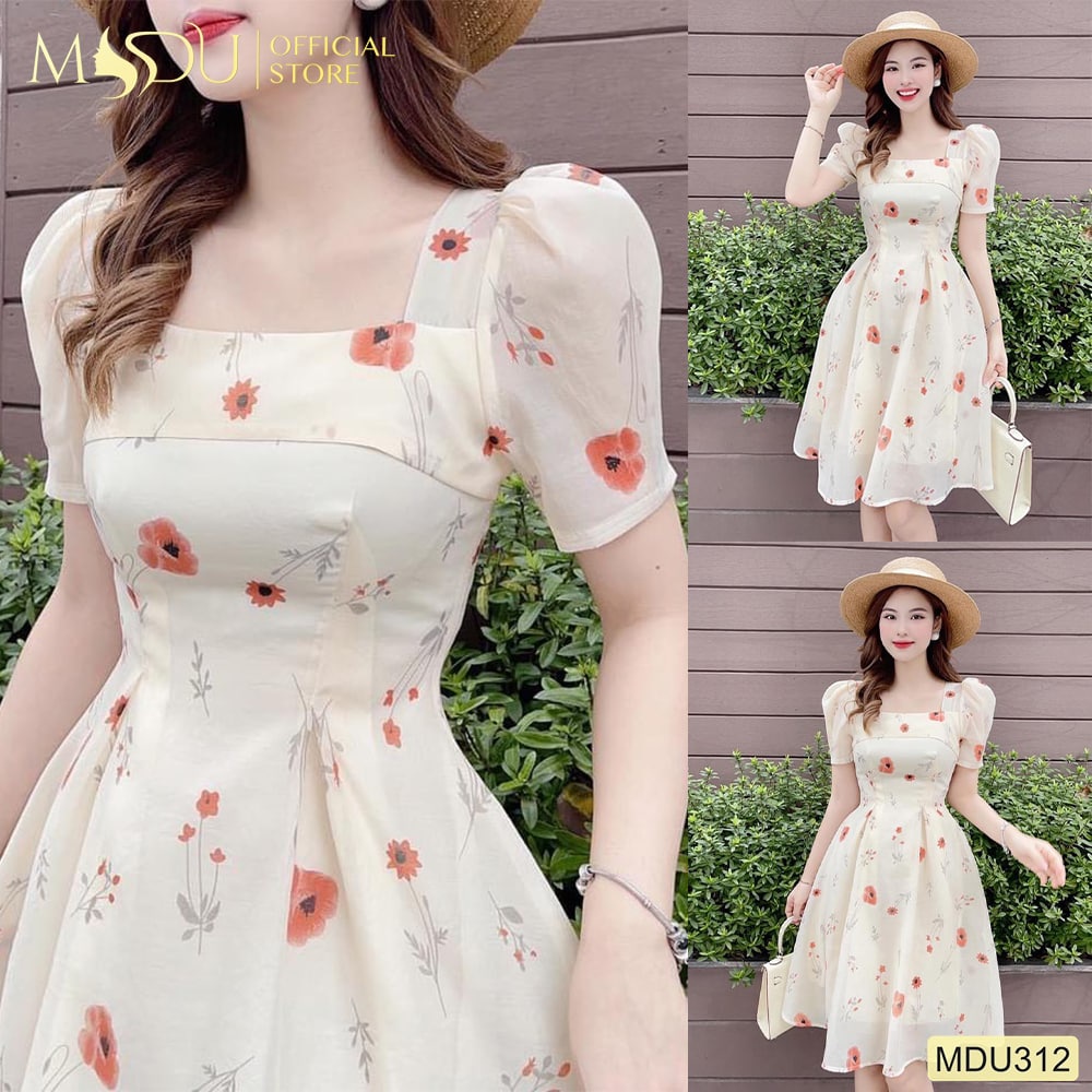 Đầm hoa nữ dáng xòe tay bồng cổ vuông MDU312 - THỜI TRANG THIẾT KẾ MDU