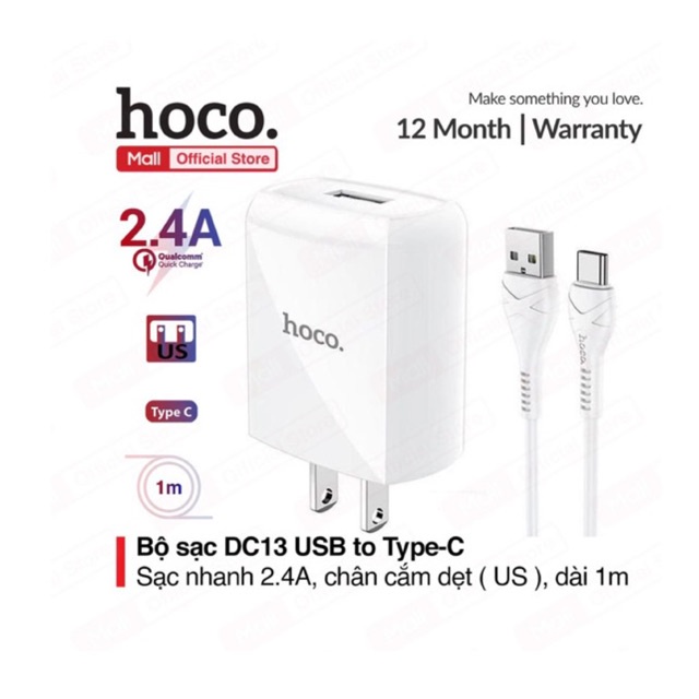 Bộ sạc Hoco DC13 Type-C to USB, sạc nhanh 2.4A, tương thích với nhiều dòng Samsung/Oppo..., chân cắm dẹt tiêu chuẩn US