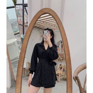 Set sơmi đen + quần thắt nơ eo