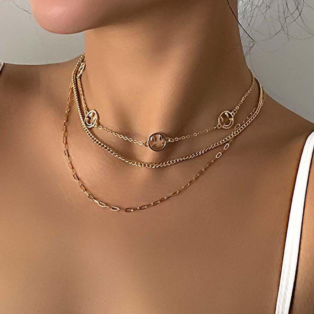 AROMA Vòng Cổ Choker Nhiều Lớp Mặt Cười Hình Học Phong Cách Hàn Quốc Cho Nữ