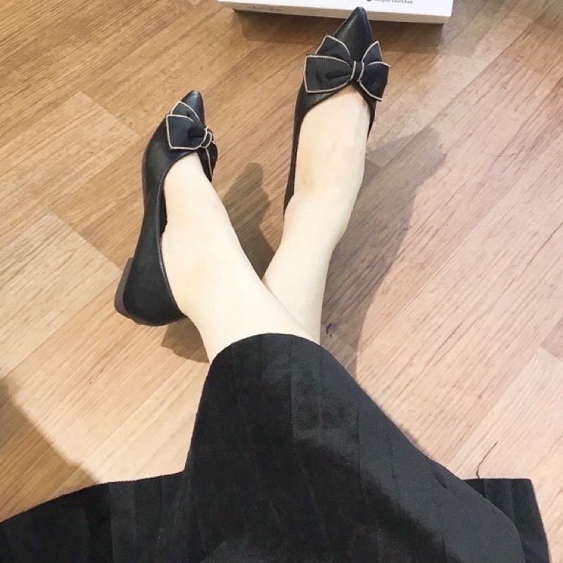 Giày bệt nữ da lì mũi nhọn nơ lụa to phong cách Hàn Quốc, giày búp bê đế cao su dẻo dễ phối đồ nữ đi làm, đi chơi