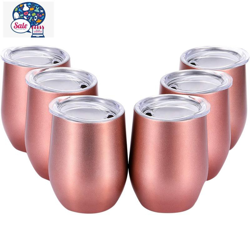 1 Set 6 Pcs 12 Oz Unbreakable Drinkware Stemless Wine Tumbler Stainless Steel Triple-Insulated Vacuum Wine Glass Cup with Lids