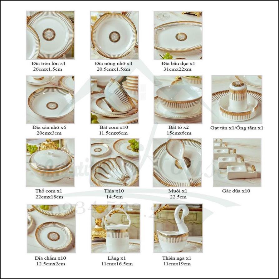 Set Bát Đĩa Sứ Xương Hoạ Tiết Kẻ Sọc 60 Chi Tiết Cao Cấp