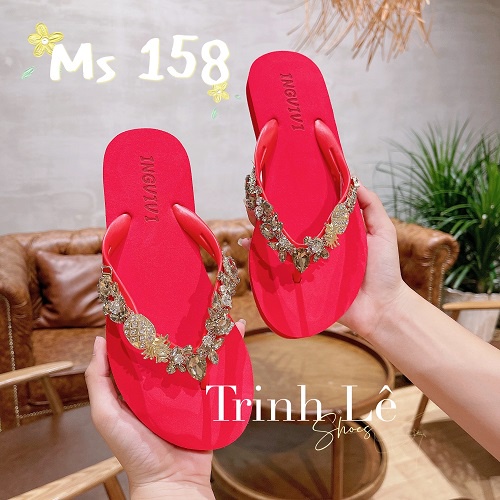 Dép kẹp, dép xỏ ngón, tông nữ đính đá Quảng Châu Qybaby 009 đen/trắng/đỏ/xanh rêu/hồng - TRINH LÊ SHOP