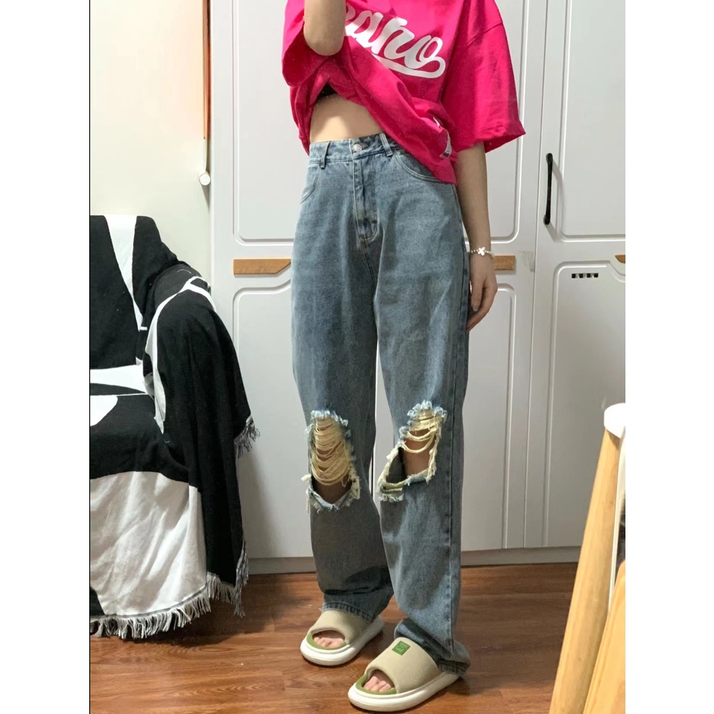Quần jeans Nữ Lưng Cao Ống Đứng Rách Gối Thời Trang Mỹ