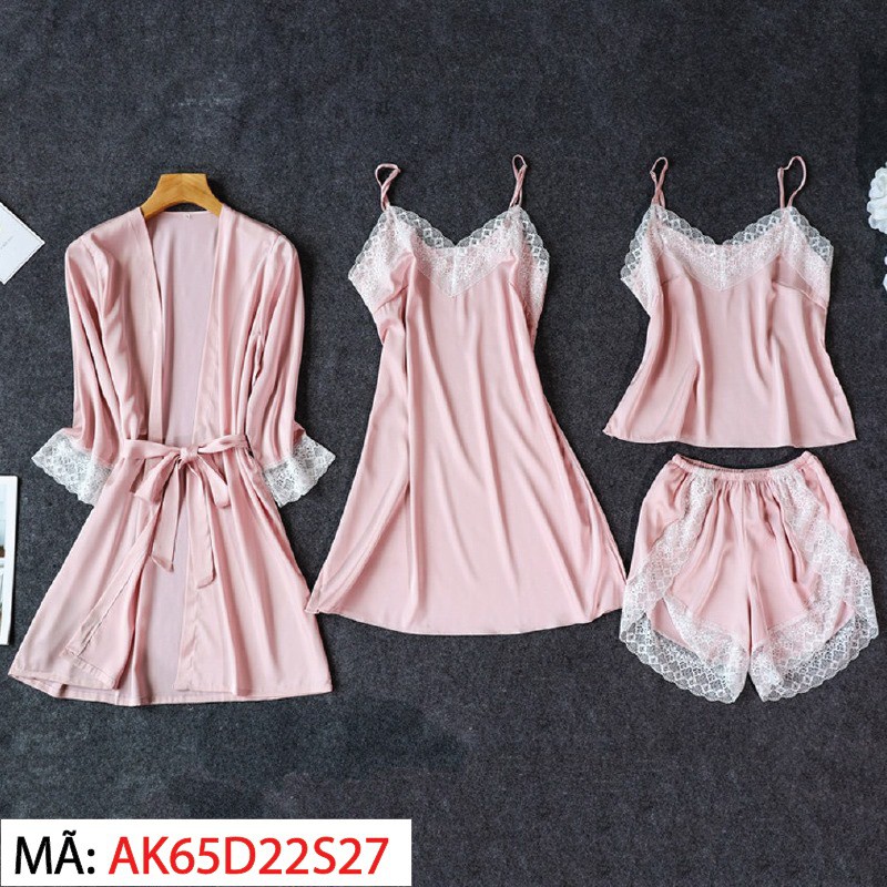 Set Áo Choàng Ren Xẻ Mặc Nhà Cao Cấp Hisexy Lụa Satin Đủ Size Dưới 65Kg