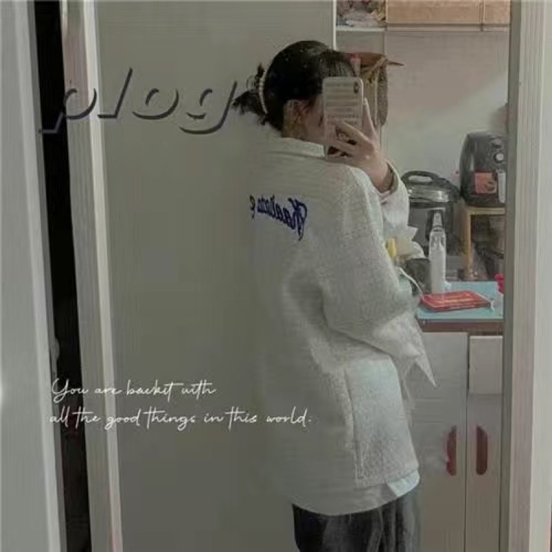 Áo Khoác Sơ Mi Dạ Tweed Thêu Chữ Cá Tính Kèm Ảnh Thật